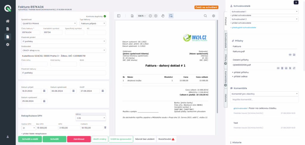 Zobrazení faktury přijaté v Q.Invoice