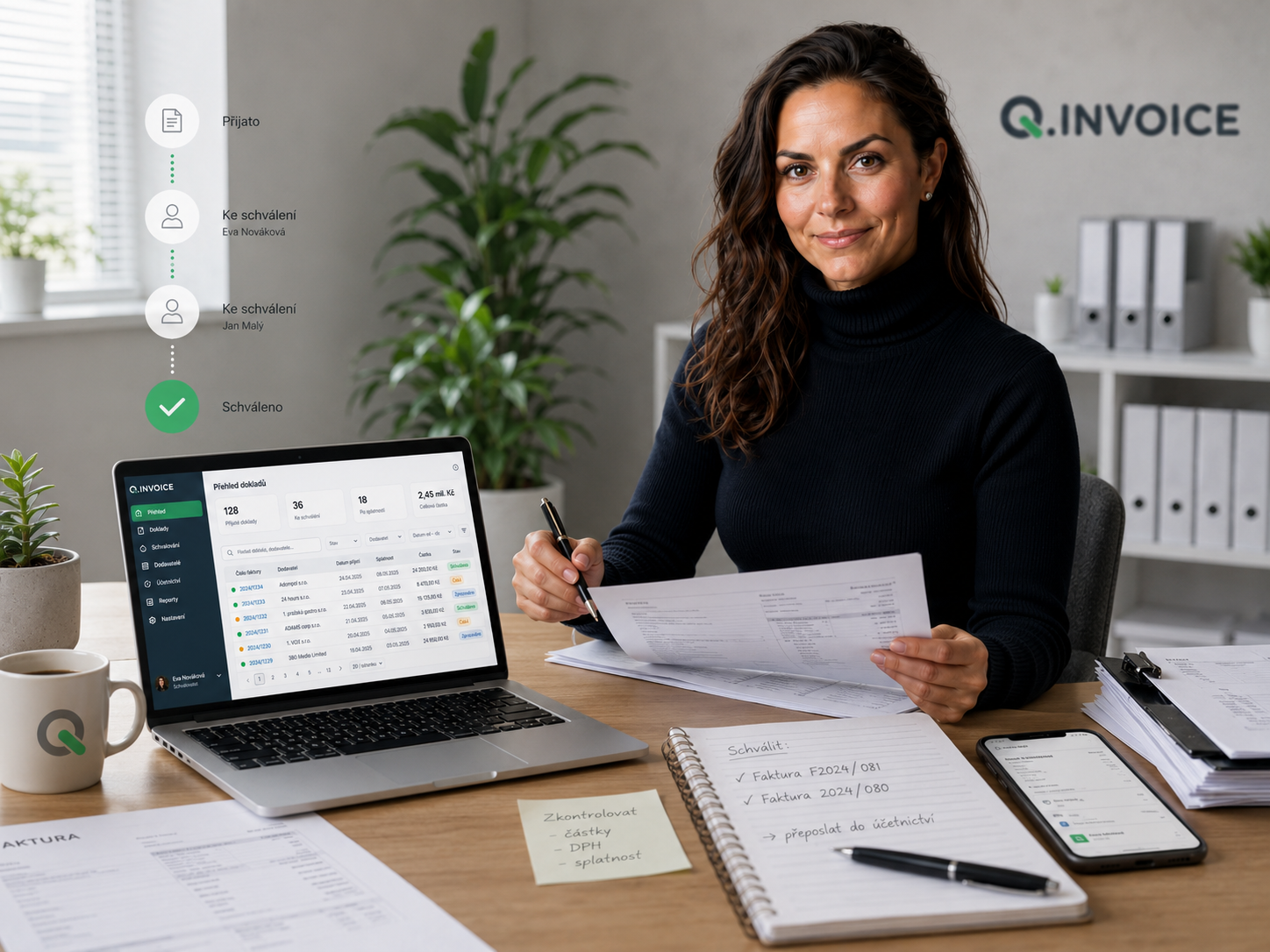 Q.Invoice schvalování faktur: schvalovací tok s přehledem dokladů a odpovědností.